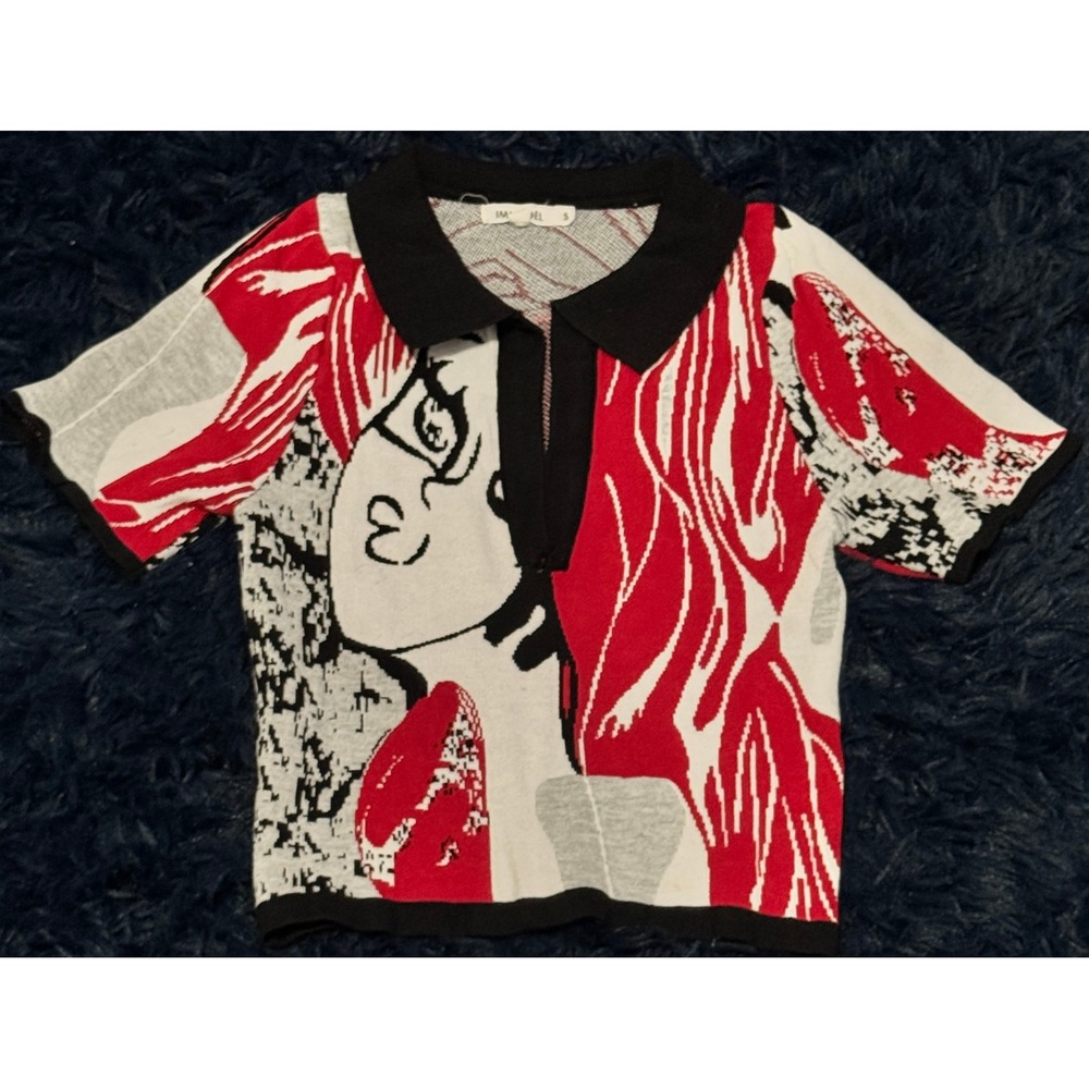 Abstract Pop Art Knit Polo Top - Red, Black & White